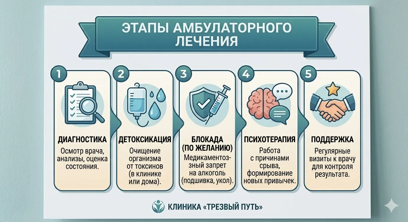 Медицинская инфографика «ЭТАПЫ АМБУЛАТОРНОГО ЛЕЧЕНИЯ» в бирюзово-синей гамме. Представлен пошаговый путь: 1. Диагностика (осмотр и анализы); 2. Детоксикация (очищение организма); 3. Блокада (медикаментозная защита); 4. Психотерапия (работа с причинами зависимости); 5. Поддержка (контроль результата). В нижней части расположен логотип клиники «Трезвый Путь».