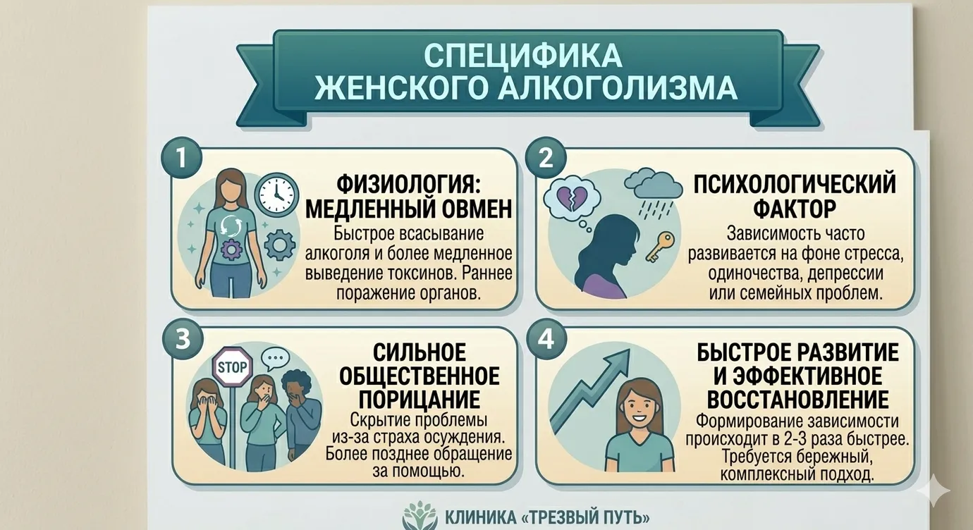 Инфографика «СПЕЦИФИКА ЖЕНСКОГО АЛКОГОЛИЗМА». Описаны 4 ключевые особенности: 1. Физиология (медленный обмен веществ и быстрое поражение органов); 2. Психологический фактор (зависимость на фоне стресса и одиночества); 3. Сильное общественное порицание (скрытие проблемы и позднее обращение); 4. Быстрое развитие зависимости (формирование в 2-3 раза быстрее). Оформление в стиле клиники «Трезвый Путь».