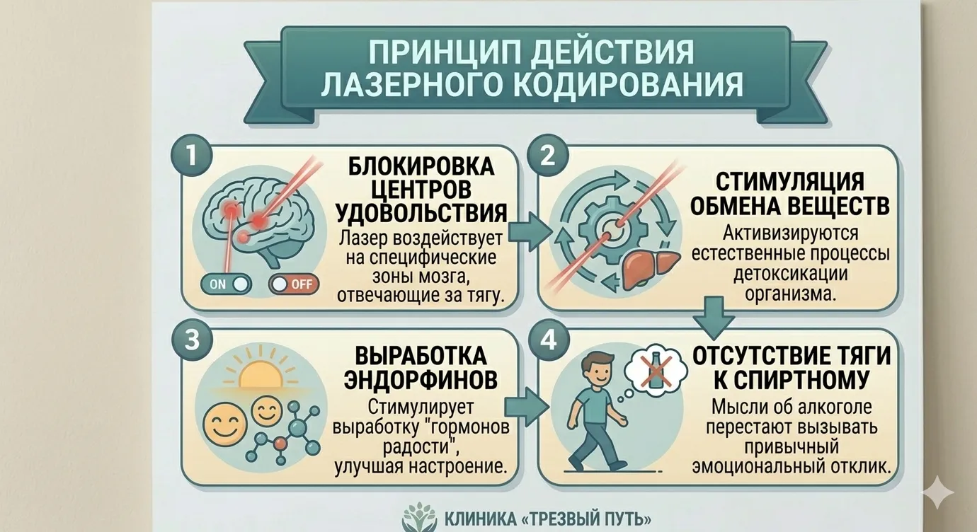 Инфографика «ПРИНЦИП ДЕЙСТВИЯ ЛАЗЕРНОГО КОДИРОВАНИЯ». Представлены 4 этапа работы метода: 1. Блокировка центров удовольствия (воздействие на зоны мозга, отвечающие за тягу); 2. Стимуляция обмена веществ (активация детоксикации организма); 3. Выработка эндорфинов (стимуляция «гормонов радости» и улучшение настроения); 4. Отсутствие тяги к спиртному (устранение привычного эмоционального отклика на алкоголь). Логотип клиники «Трезвый Путь».
