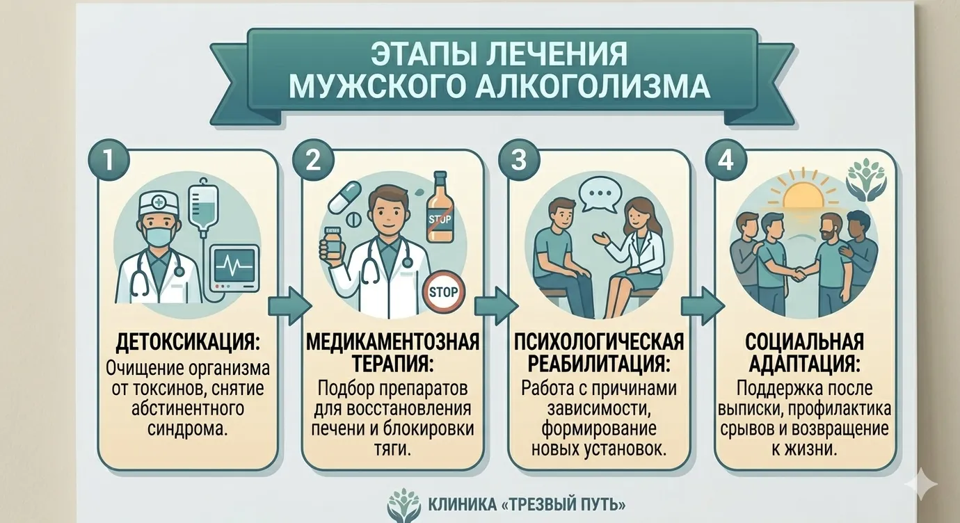 Инфографика: этапы лечения мужского алкоголизма в клинике Трезвый Путь